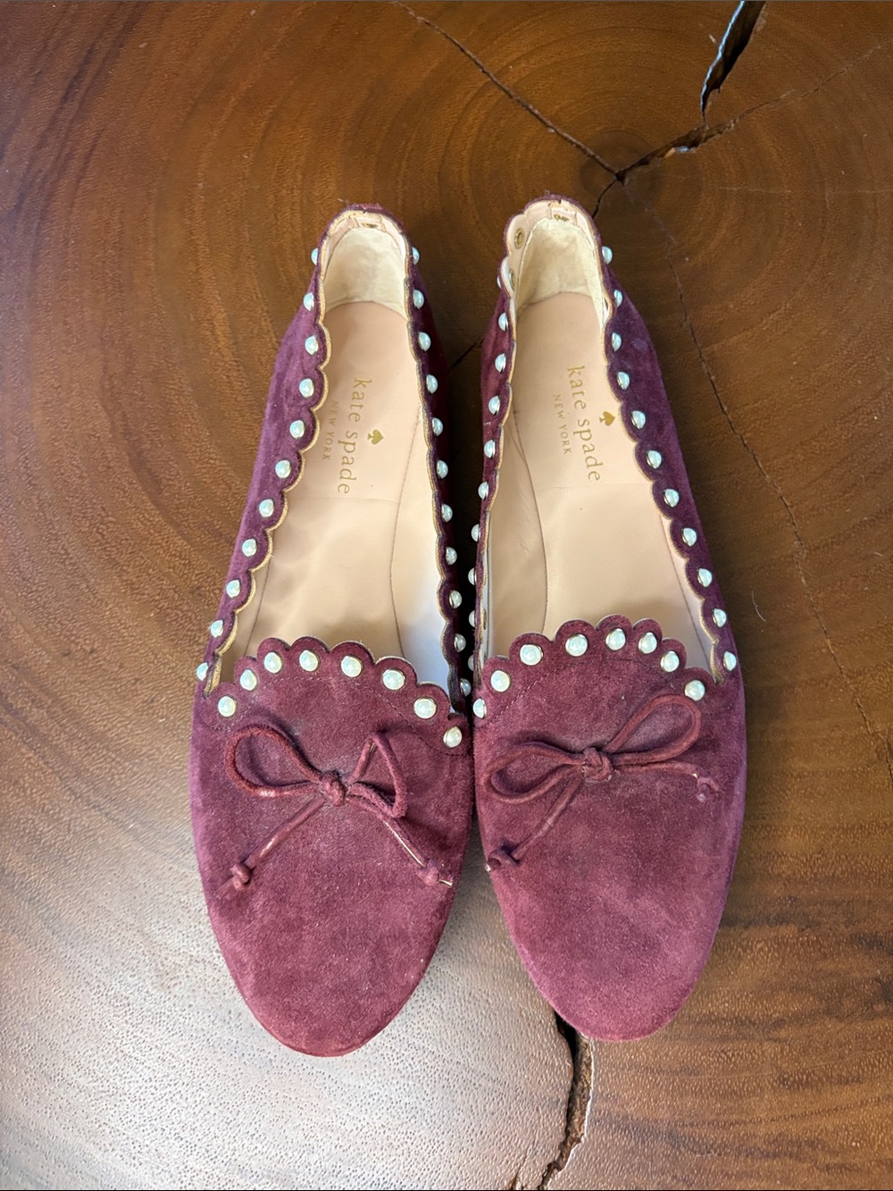 Kate Spade NY Salford Ballet Flats Size 8 Maroon Suede Pearl Studs Bow Shoes